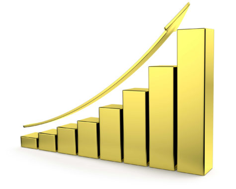 Financial growth, investment success and financial business and banking development concept: growing bar chart made of gold with upward gold arrow with reflections isolated on white, 3d illustration